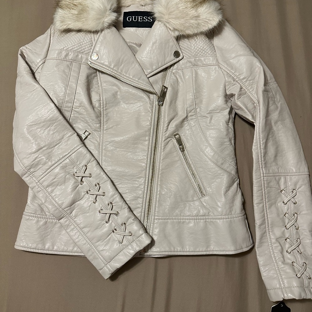 Guess Women's Off-White faux Leather Jacket with Faux Fur